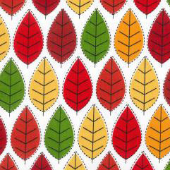 Swatch of retro, colourful leaf repeat pattern in autumn red, green and yellow on 100% cotton poplin fabric by Rose and Hubble.