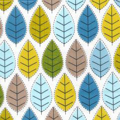 Swatch of retro, colourful leaf repeat pattern in spring blue, green and yellow on 100% cotton poplin fabric by Rose and Hubble.
