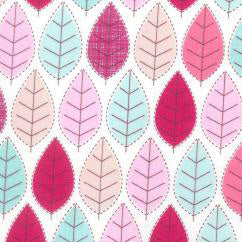 Swatch of retro, colourful leaf repeat pattern in summer pink and blues on 100% cotton poplin fabric by Rose and Hubble.