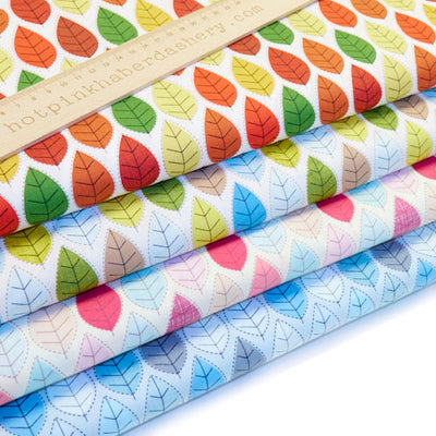 Retro, colourful leaf repeat pattern in autumn, winter, summer and spring on 100% cotton poplin fabric by Rose and Hubble.