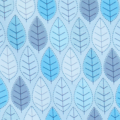 Swatch of retro, colourful leaf repeat pattern in winter blues on 100% cotton poplin fabric by Rose and Hubble.