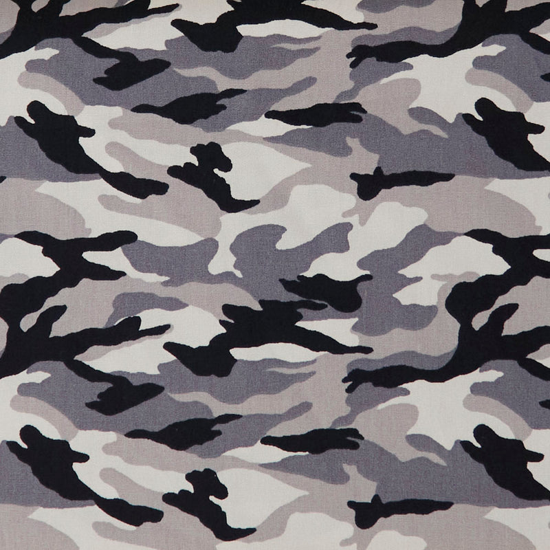 Swatch of camouflage print army 100% cotton poplin fabric by Rose and Hubble in Arctic grey, black and white