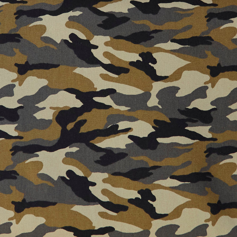 Swatch of camouflage print army 100% cotton poplin fabric by Rose and Hubble in Forest green and grey