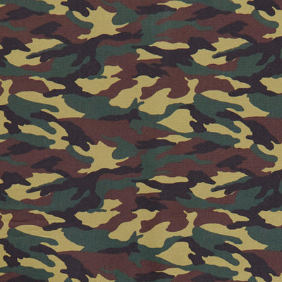 Swatch of camouflage print army 100% cotton poplin fabric by Rose and Hubble in Jungle brown and khaki green