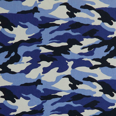 Swatch of camouflage print army 100% cotton poplin fabric by Rose and Hubble in Urban blue and white