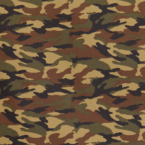 Swatch of camouflage print army 100% cotton poplin fabric by Rose and Hubble in Woodland green and brown