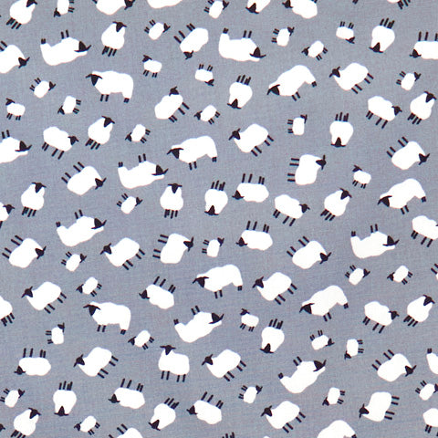 Swatch of playful sheep print 100% cotton poplin fabric by Rose and Hubble on silver