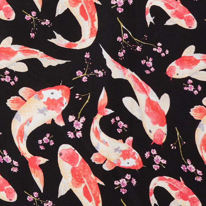 Swatch of beautiful oriental style koi carp fish with cherry blossom print 100% cotton poplin fabric by Rose and Hubble in Black