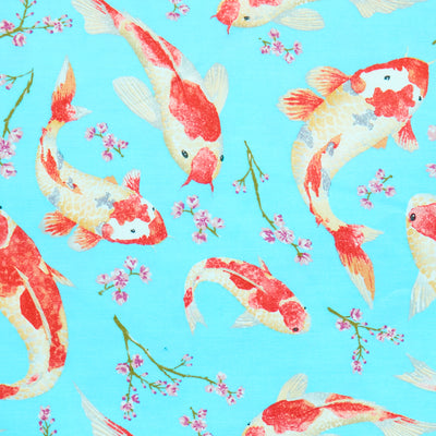 Swatch of beautiful oriental style koi carp fish with cherry blossom print 100% cotton poplin fabric by Rose and Hubble in Blue