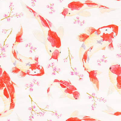 Swatch of beautiful oriental style koi carp fish with cherry blossom print 100% cotton poplin fabric by Rose and Hubble in Ivory