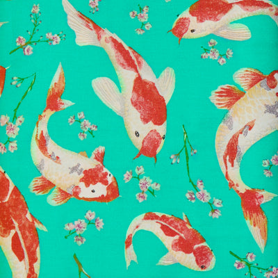Swatch of beautiful oriental style koi carp fish with cherry blossom print 100% cotton poplin fabric by Rose and Hubble in Jade blue