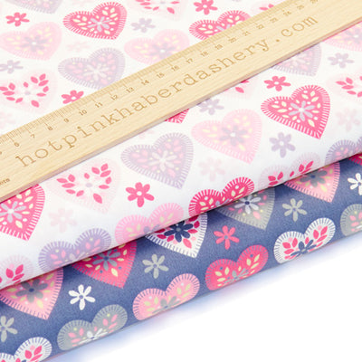 Scandi-style floral heart print 100% cotton poplin fabric by Rose and Hubble in pink and grey 