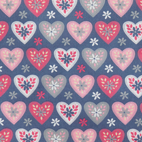 Swatch of Scandi-style floral heart print 100% cotton poplin fabric by Rose and Hubble in pink and grey