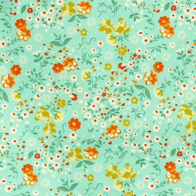 Swatch of fun, summer flowers and leaves printed 100% cotton poplin fabric by Rose and Hubble in Pastel Green 