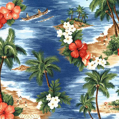 Swatch of tropical print with palm trees, hibiscus flowers, sailboats and hoola girls on 100% cotton poplin fabric by Rose and Hubble in blue.