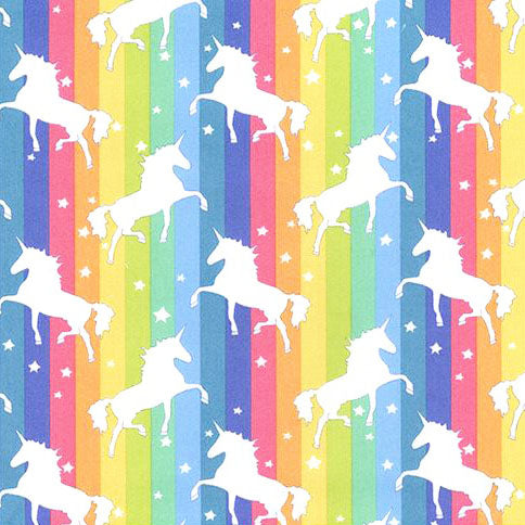 Swatch of funky, magical rainbow stripes and unicorns with stars on 100% cotton poplin fabric by Rose and Hubble in multicoloured and brights