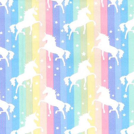 Swatch of funky, magical rainbow stripes and unicorns with stars on 100% cotton poplin fabric by Rose and Hubble in multicoloured pastel 