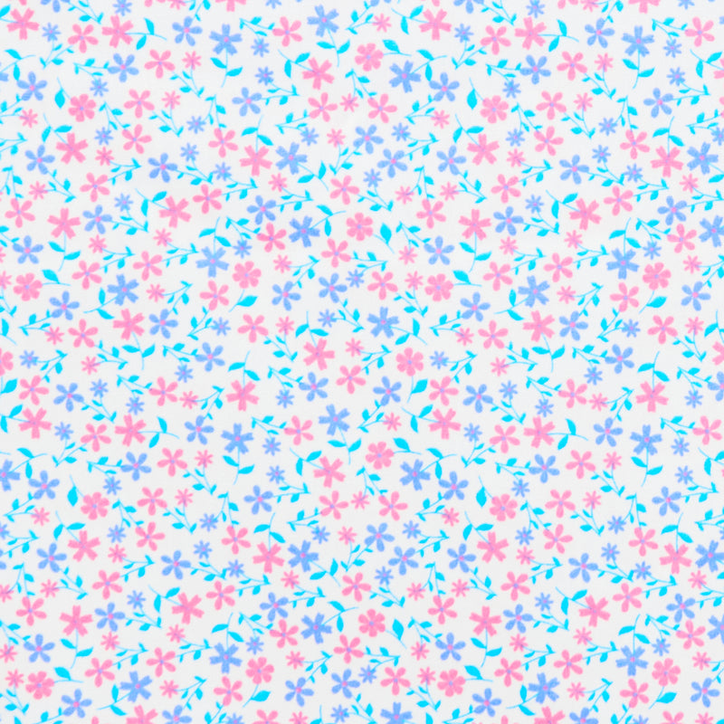 Swatch of chic flower stem print 100% cotton poplin fabric by Rose and Hubble in Blue