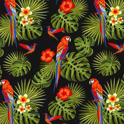 Swatch of bold and colourful tropical print with parrots, hummingbirds, frangipani flowers and palm leaves.100% cotton poplin fabric by Rose and Hubble in black