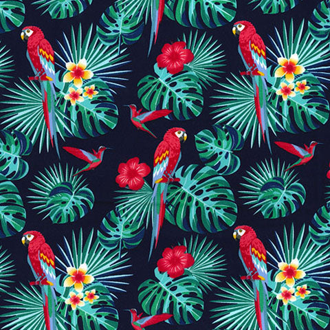 Swatch of bold and colourful tropical print with parrots, hummingbirds, frangipani flowers and palm leaves.100% cotton poplin fabric by Rose and Hubble in navy