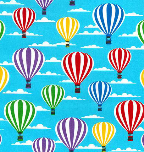 Swatch of bold and colourful hot air balloon, sky print 100% cotton poplin fabric by Rose and Hubble in turquoise