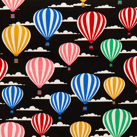 Swatch of bold and colourful hot air balloon, sky print 100% cotton poplin fabric by Rose and Hubble in black