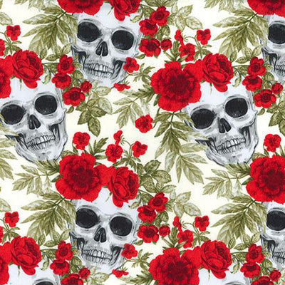 Swatch of Mexican 'Dia de los Muertos' festival skulls and wildflowers printed 100% cotton poplin print fabric by Rose and Hubble in ivory and red, Halloween fabric