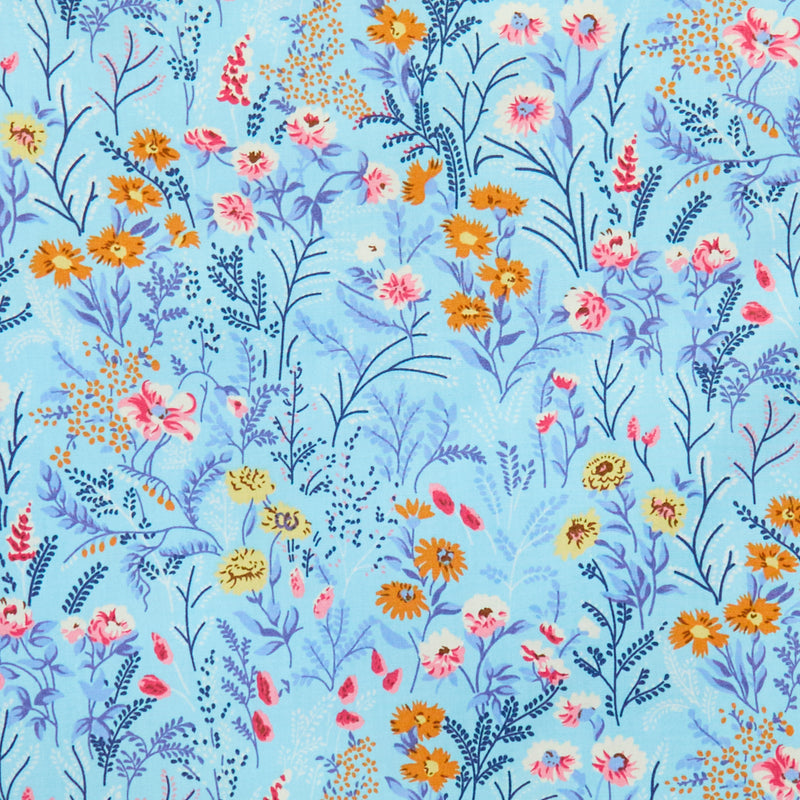 Swatch of 100% cotton poplin fabric by Rose and Hubble with elegant countryside wild flowers in Blue