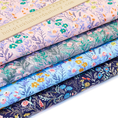 100% cotton poplin fabric by Rose and Hubble with elegant countryside wild flowers in Pink, Grey, Blue & Navy