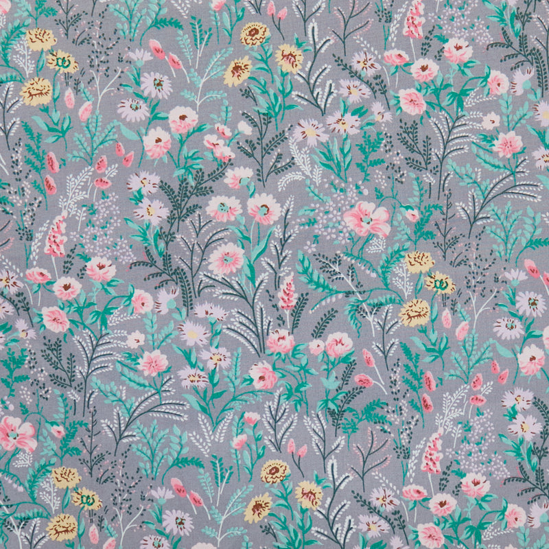 Swatch of 100% cotton poplin fabric by Rose and Hubble with elegant countryside wild flowers in Grey