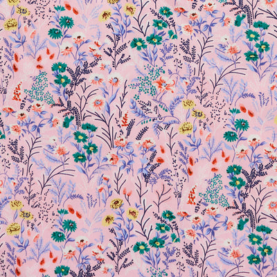 Swatch of 100% cotton poplin fabric by Rose and Hubble with elegant countryside wild flowers in Pink