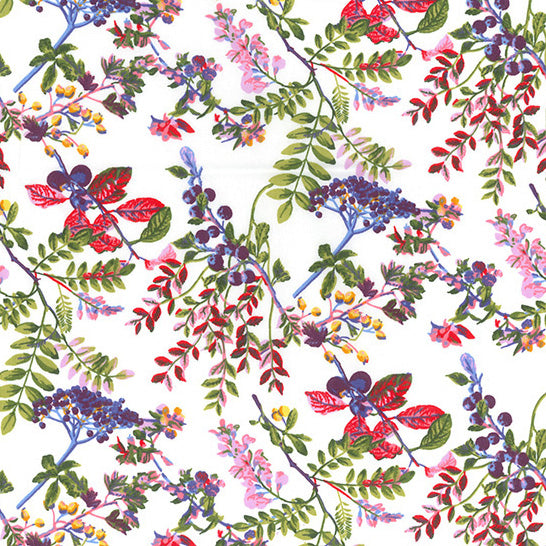 Swatch of flowers, stems and berry, country garden print 100% cotton poplin fabric by Rose & Hubble in ivory