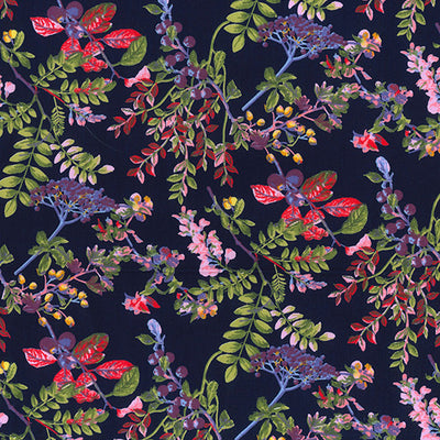 Swatch of flowers, stems and berry, country garden print 100% cotton poplin fabric by Rose & Hubble in navy