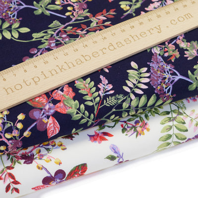 Flowers, stems and berries, country garden print 100% cotton poplin fabric by Rose & Hubble in navy and ivory