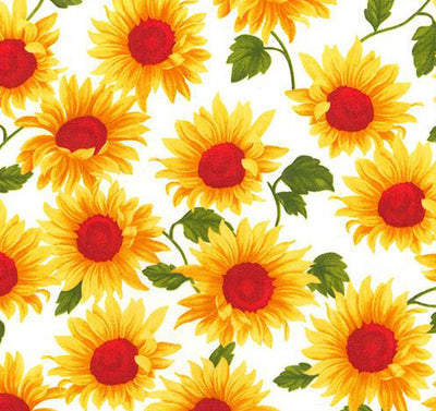 Swatch of bold and colourful, yellow sunflower print 100% cotton poplin fabric by Rose and Hubble in Ivory