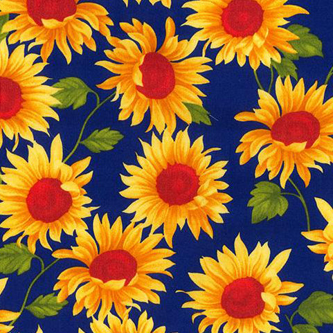 Swatch of bold and colourful, yellow sunflower print 100% cotton poplin fabric by Rose and Hubble in Royal Blue