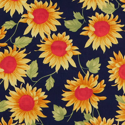 Swatch of bold and colourful, yellow sunflower print 100% cotton poplin fabric by Rose and Hubble in Navy