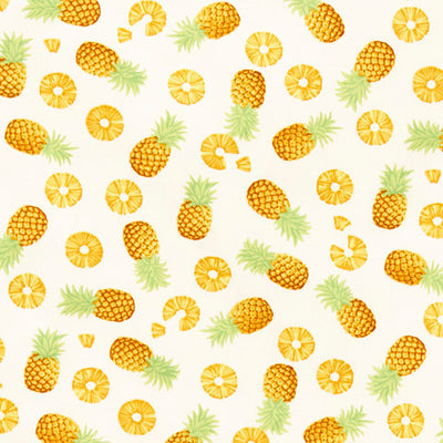 Swatch of playful pineapple fruit print 100% cotton poplin fabric by Rose and Hubble in Ivory 
