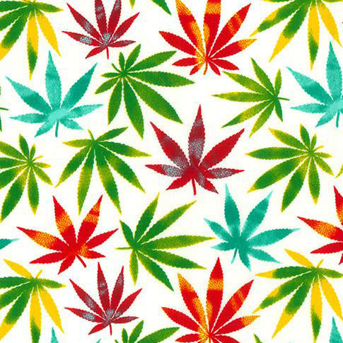 Swatch of bold and colourful cannabis leaf print 100% cotton poplin fabric by Rose and Hubble on ivory and multicolour