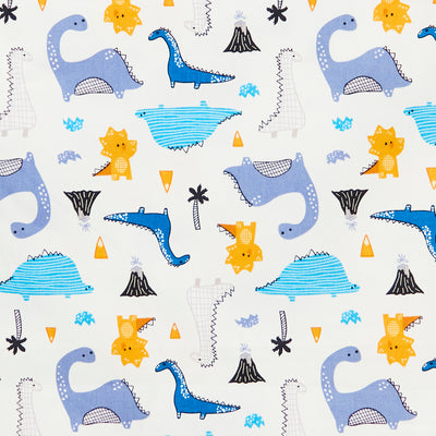 Swatch of fun and colourful geometric dinosaurs and volcanos print with egg shells and palm trees in 100% cotton poplin fabric by Rose and Hubble in ivory, dinosaur fabric, children's fabric