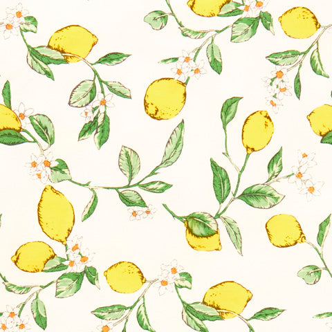 Swatch of illustrated lemon, leaves and flower print 100% cotton poplin fabric by Rose and Hubble in ivory and yellow