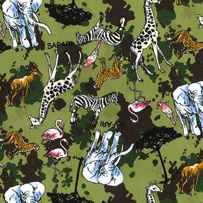 Swatch of animal African Savannah safari camouflage print with flamingos, zebras, elephants, giraffes, parrots, leopards, antelopes and trees on green 100% cotton poplin fabric by Rose and Hubble