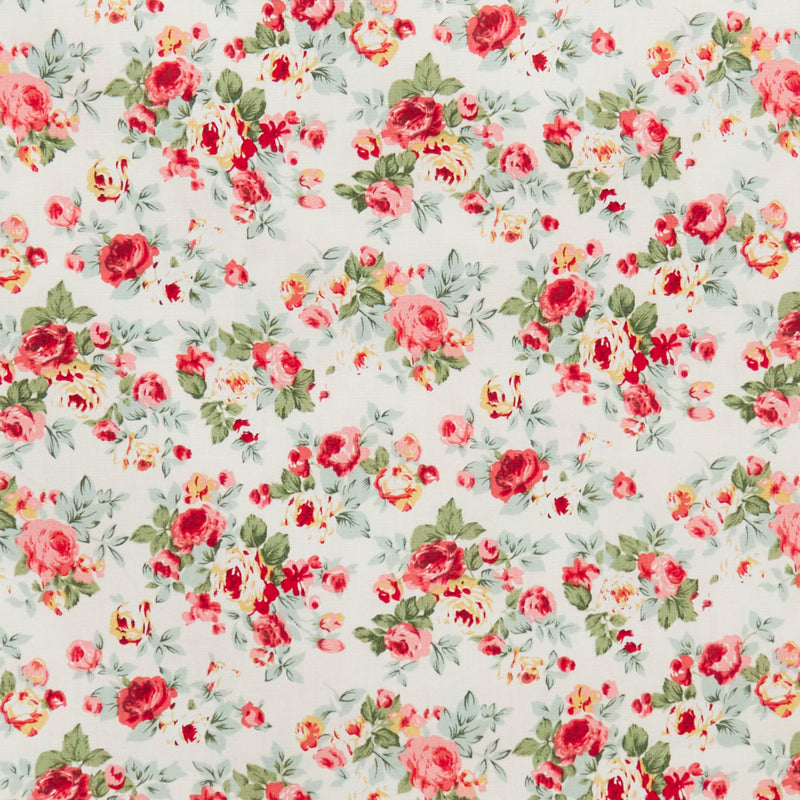 Swatch of 100% cotton poplin fabric with classic country garden rose bouquets in Ivory by Rose and Hubble