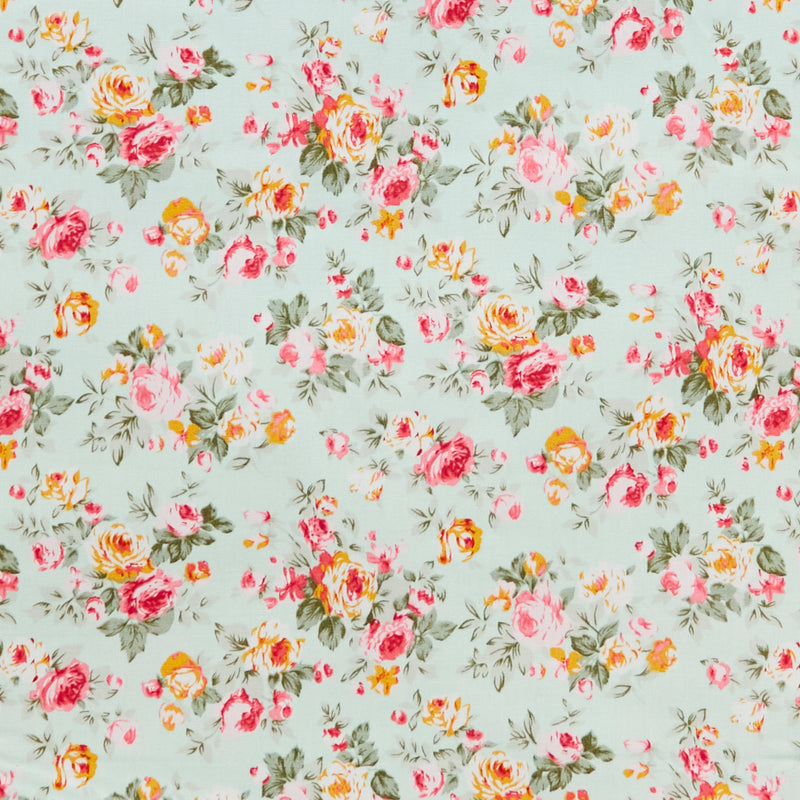 Swatch of 100% cotton poplin fabric with classic country garden rose bouquets in Meadow Green by Rose and Hubble