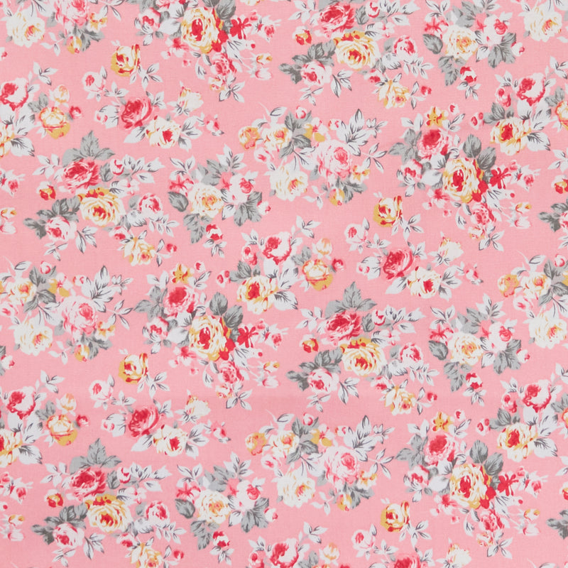 Swatch of 100% cotton poplin fabric with classic country garden rose bouquets in Rose by Rose and Hubble