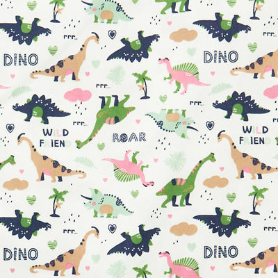 Swatch of cute, illustrated dinosaur pattern with hearts, clouds, roar print and palm trees on 100% cotton poplin fabric by Rose and Hubble on Ivory with pink, green and blue, dinosaur fabric, children's fabric