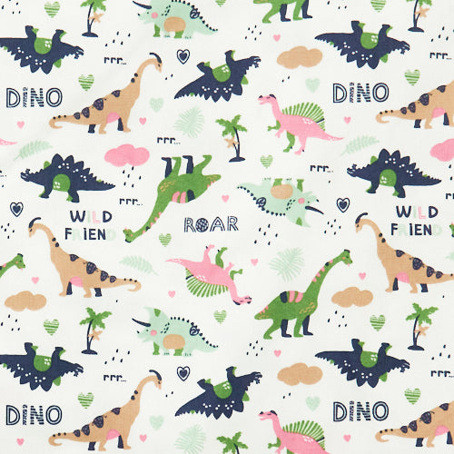 Swatch of cute, illustrated dinosaur pattern with hearts, clouds, roar print and palm trees on 100% cotton poplin fabric by Rose and Hubble on Ivory with pink, green and blue, dinosaur fabric, children&