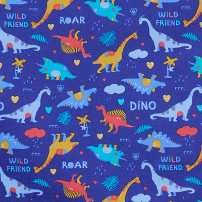 Swatch of cute, illustrated dinosaur pattern with hearts, clouds, roar print and palm trees on 100% cotton poplin fabric by Rose and Hubble on Royal blue with orange and yellow, dinosaur fabric, children's fabric