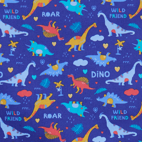 Swatch of cute, illustrated dinosaur pattern with hearts, clouds, roar print and palm trees on 100% cotton poplin fabric by Rose and Hubble on Royal blue with orange and yellow, dinosaur fabric, children&