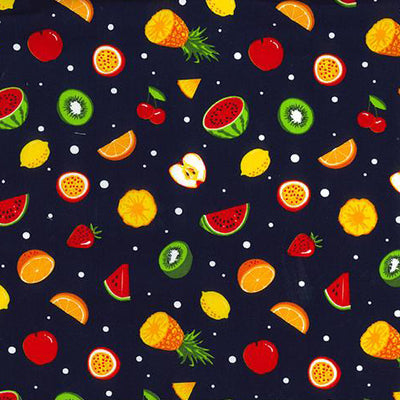 Swatch of funky fruit print with kiwis, watermelons, oranges, cherries, lemons, pineapples, strawberries & apples on 100% cotton poplin fabric by Rose and Hubble on navy blue 